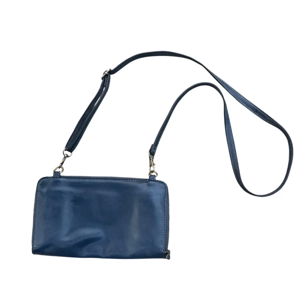 Joy Susan Blue Vegan Leather Crossbody Wallet Bag Adjustable Strap